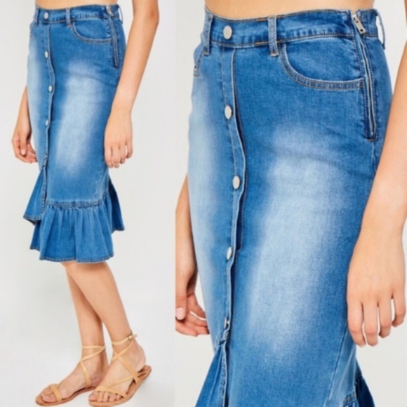 Boho stone Wash Button Denim Ruffle midi Skirt - Picture 2 of 3